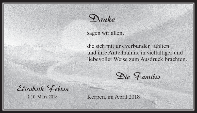  Traueranzeige für Elisabeth Felten vom 11.04.2018 aus  Werbepost 