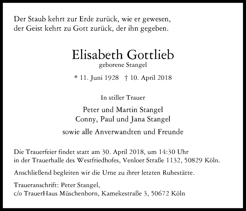  Traueranzeige für Elisabeth Gottlieb vom 21.04.2018 aus Kölner Stadt-Anzeiger / Kölnische Rundschau / Express