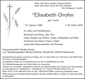 Anzeige von Elisabeth Grohn von  Blickpunkt Euskirchen 