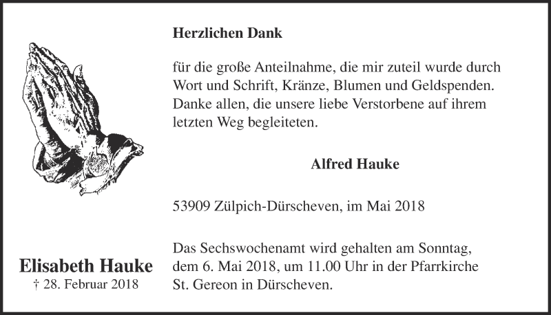  Traueranzeige für Elisabeth Hauke vom 28.04.2018 aus  Blickpunkt Euskirchen 