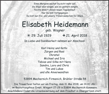 Anzeige von Elisabeth Heidemann von  Blickpunkt Euskirchen 