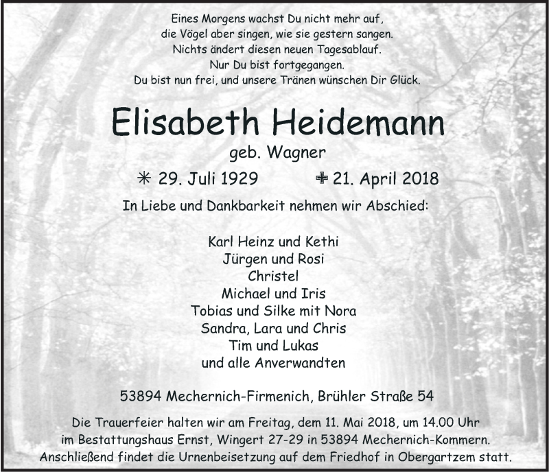  Traueranzeige für Elisabeth Heidemann vom 28.04.2018 aus  Blickpunkt Euskirchen 