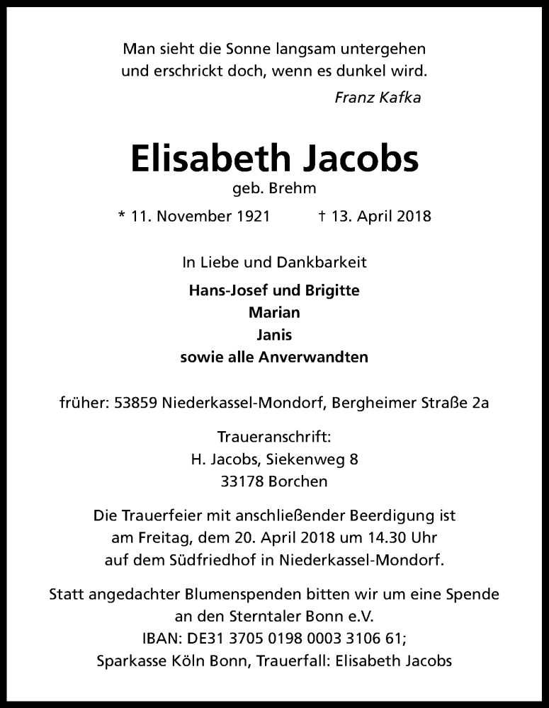  Traueranzeige für Elisabeth Jacobs vom 19.04.2018 aus Kölner Stadt-Anzeiger / Kölnische Rundschau / Express