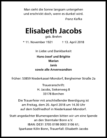 Anzeige von Elisabeth Jacobs von Kölner Stadt-Anzeiger / Kölnische Rundschau / Express