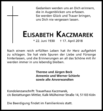 Anzeige von Elisabeth Kaszmarek von Kölner Stadt-Anzeiger / Kölnische Rundschau / Express