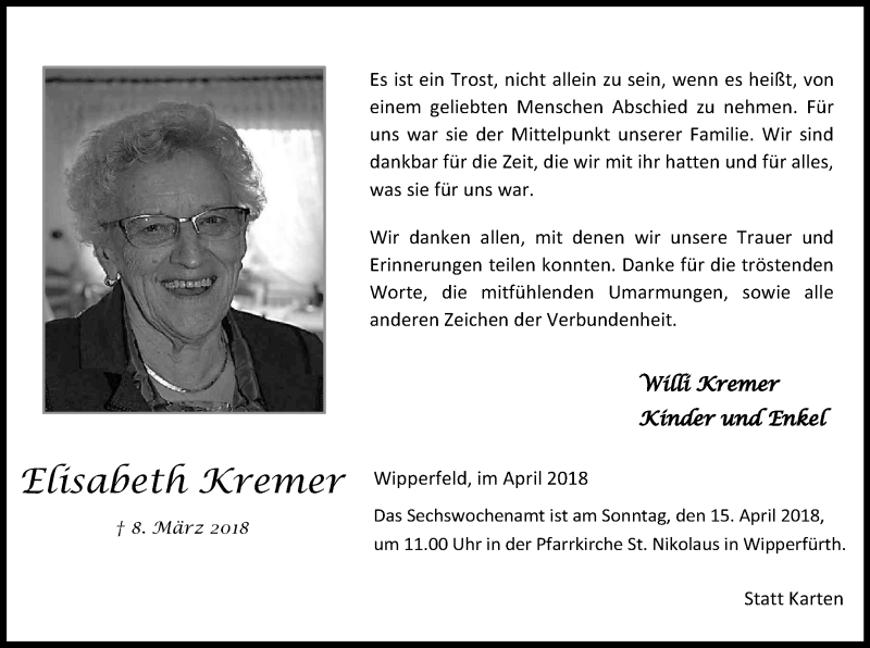  Traueranzeige für Elisabeth Kremer vom 07.04.2018 aus Kölner Stadt-Anzeiger / Kölnische Rundschau / Express