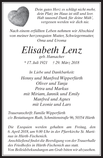 Anzeige von Elisabeth Lenz von  Wochenende 