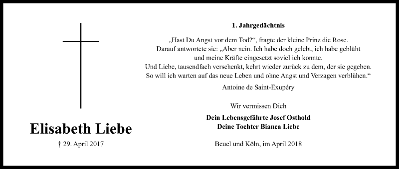  Traueranzeige für Elisabeth Liebe vom 28.04.2018 aus Kölner Stadt-Anzeiger / Kölnische Rundschau / Express