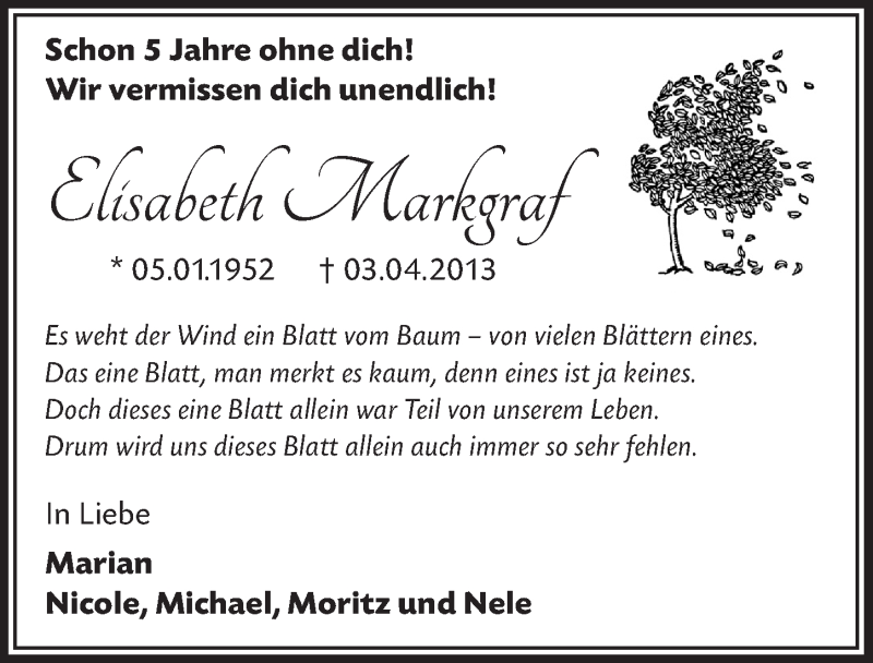  Traueranzeige für Elisabeth Markgraf vom 04.04.2018 aus  Bergisches Handelsblatt 