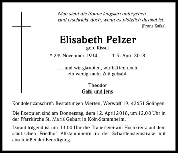 Anzeige von Elisabeth Pelzer von Kölner Stadt-Anzeiger / Kölnische Rundschau / Express