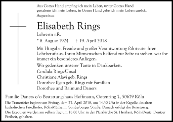 Anzeige von Elisabeth Rings von Kölner Stadt-Anzeiger / Kölnische Rundschau / Express