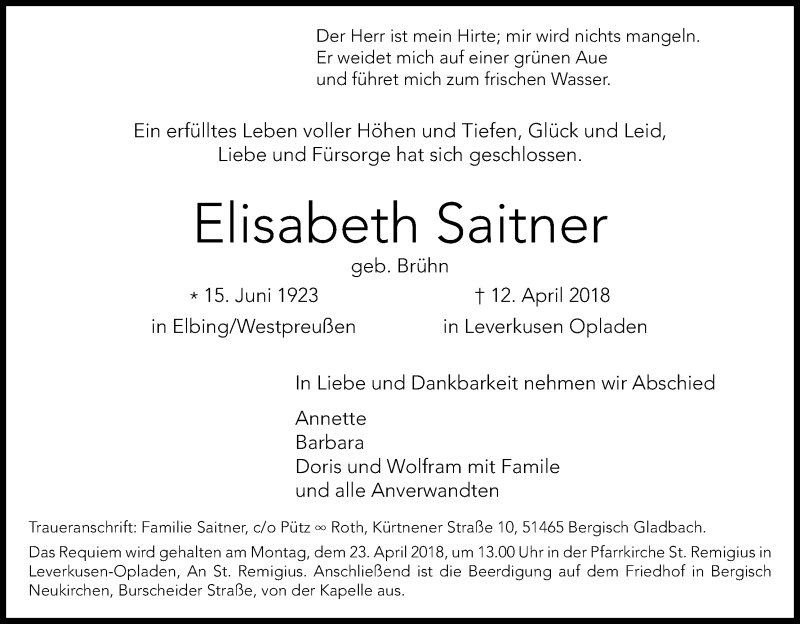 Traueranzeige für Elisabeth Saitner vom 20.04.2018 aus Kölner Stadt-Anzeiger / Kölnische Rundschau / Express