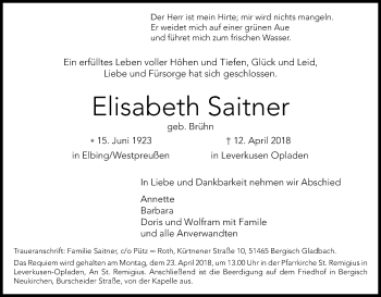 Anzeige von Elisabeth Saitner von Kölner Stadt-Anzeiger / Kölnische Rundschau / Express