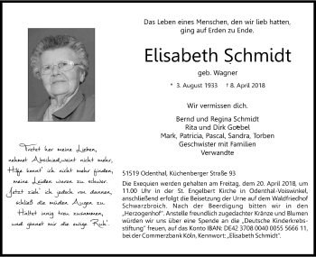Anzeige von Elisabeth Schmidt von Kölner Stadt-Anzeiger / Kölnische Rundschau / Express
