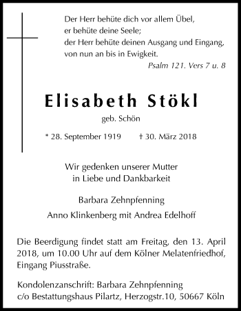 Anzeige von Elisabeth Stökl von Kölner Stadt-Anzeiger / Kölnische Rundschau / Express