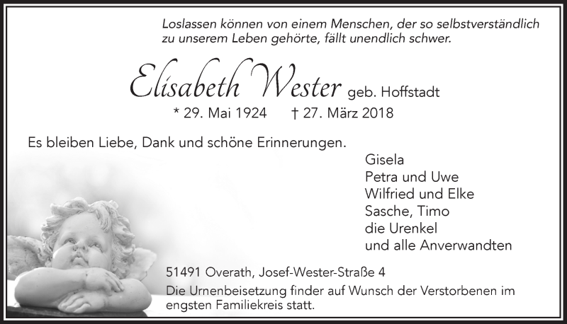  Traueranzeige für Elisabeth Wester vom 04.04.2018 aus  Bergisches Handelsblatt 
