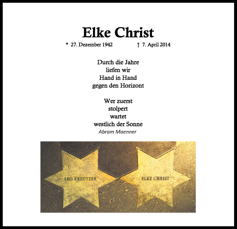  Traueranzeige für Elke Christ vom 07.04.2018 aus Kölner Stadt-Anzeiger / Kölnische Rundschau / Express