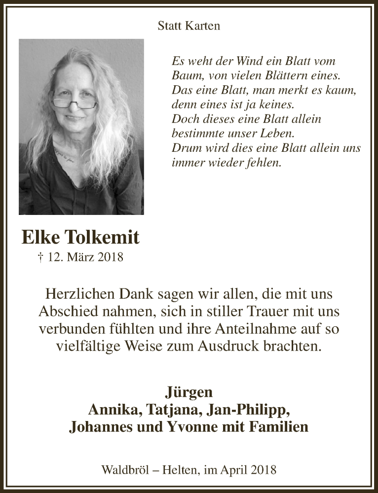  Traueranzeige für Elke Tolkemit vom 18.04.2018 aus  Lokalanzeiger 