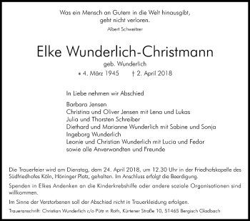 Anzeige von Elke Wunderlich-Christmann von Kölner Stadt-Anzeiger / Kölnische Rundschau / Express