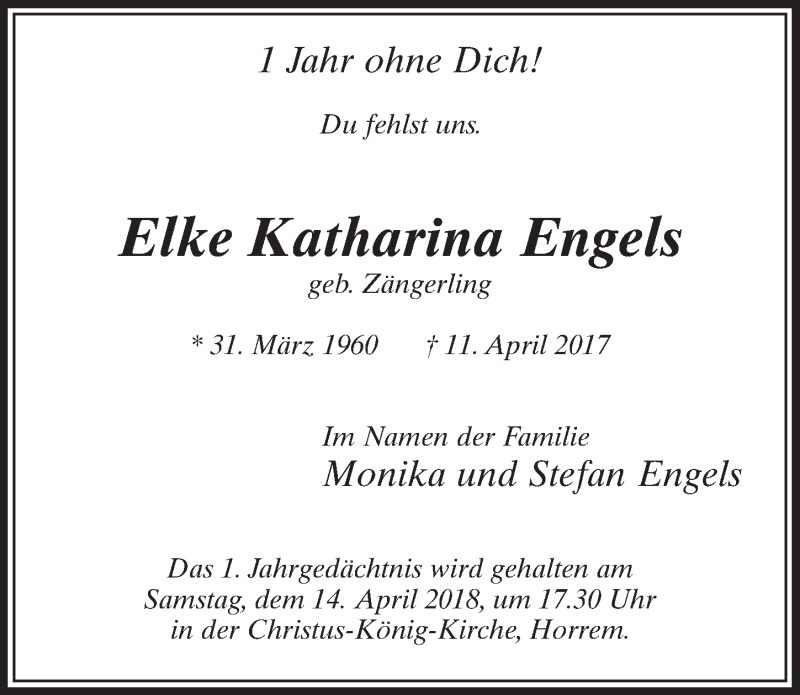  Traueranzeige für Elke Katharina Engels vom 07.04.2018 aus  Sonntags-Post 
