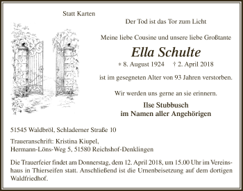 Anzeige von Ella Schulte von  Lokalanzeiger 