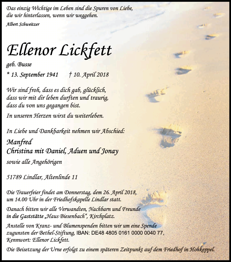  Traueranzeige für Ellenor Lickfett vom 21.04.2018 aus Kölner Stadt-Anzeiger / Kölnische Rundschau / Express