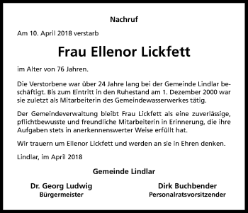 Anzeige von Ellenor Lickfett von Kölner Stadt-Anzeiger / Kölnische Rundschau / Express