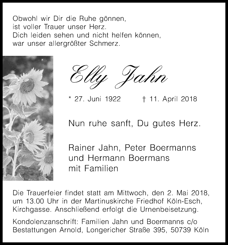  Traueranzeige für Elly Jahn vom 21.04.2018 aus Kölner Stadt-Anzeiger / Kölnische Rundschau / Express