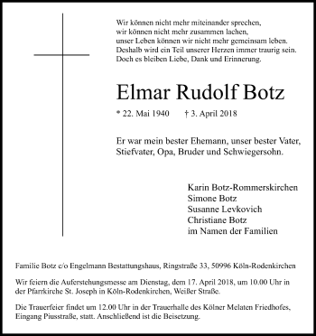 Anzeige von Elmar Rudolf Botz von Kölner Stadt-Anzeiger / Kölnische Rundschau / Express