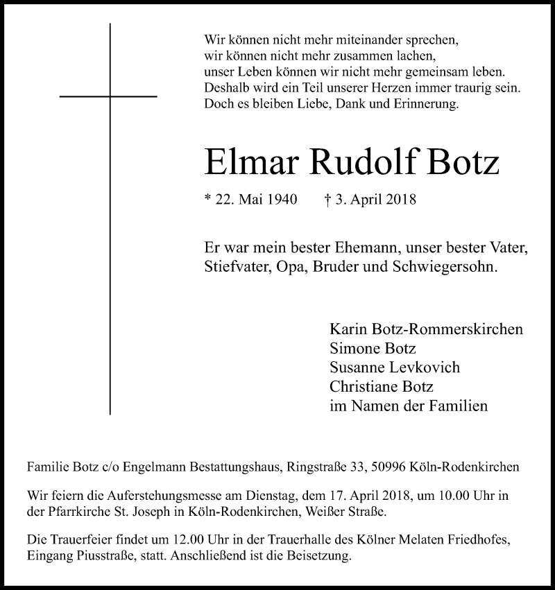  Traueranzeige für Elmar Rudolf Botz vom 07.04.2018 aus Kölner Stadt-Anzeiger / Kölnische Rundschau / Express