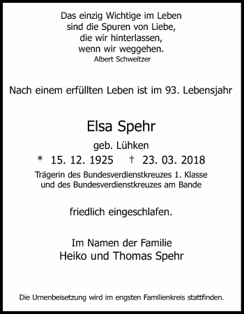 Anzeige von Elsa Spehr von Kölner Stadt-Anzeiger / Kölnische Rundschau / Express