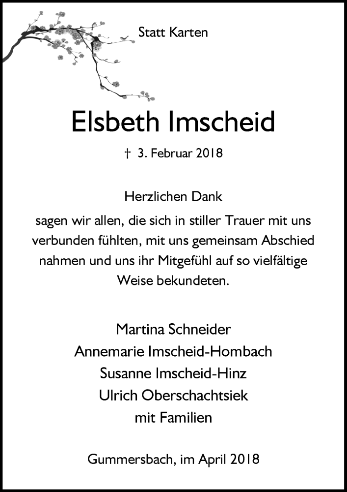  Traueranzeige für Elsbeth Imscheid vom 04.04.2018 aus  Anzeigen Echo 