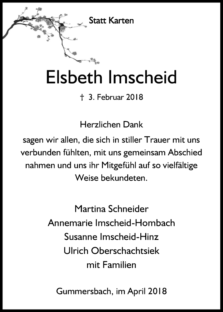  Traueranzeige für Elsbeth Imscheid vom 04.04.2018 aus Kölner Stadt-Anzeiger / Kölnische Rundschau / Express