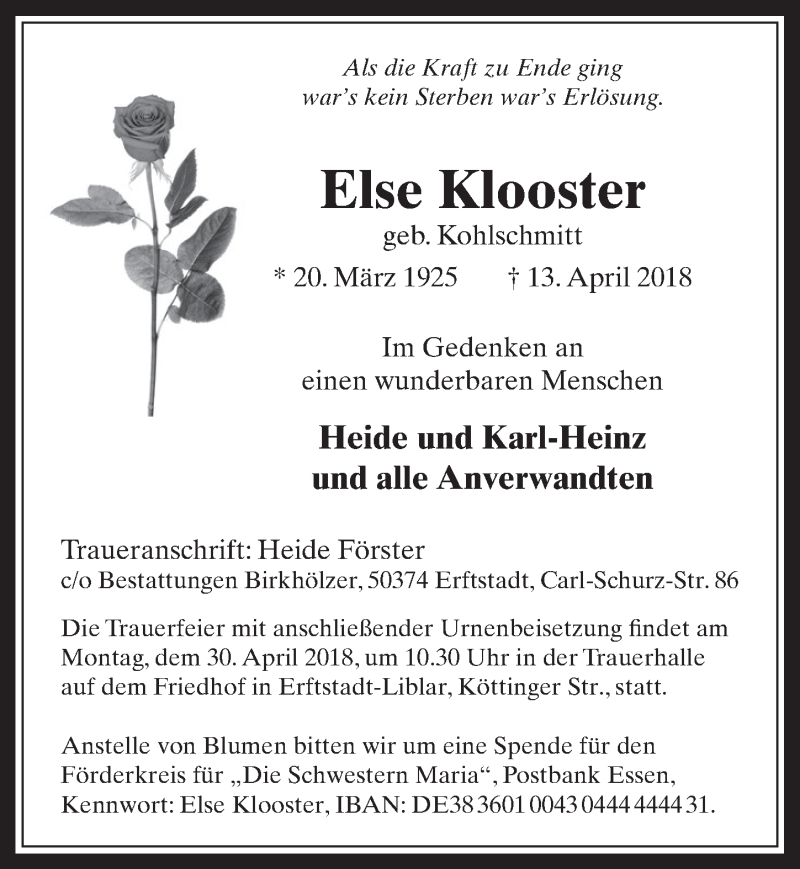  Traueranzeige für Else Klooster vom 25.04.2018 aus  Werbepost 