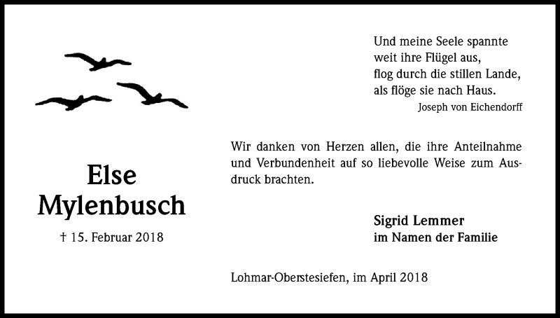  Traueranzeige für Else Mylenbusch vom 07.04.2018 aus Kölner Stadt-Anzeiger / Kölnische Rundschau / Express