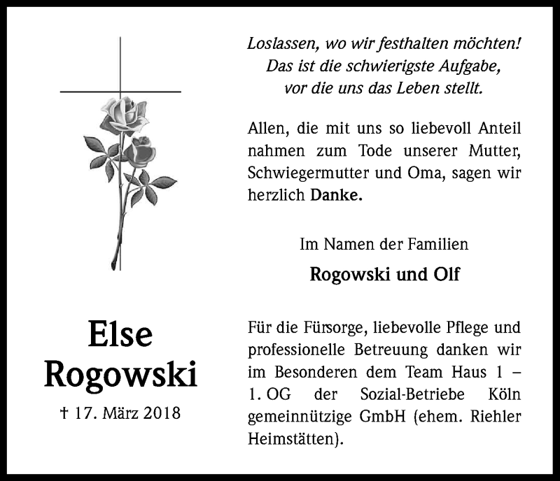  Traueranzeige für Else Rogowski vom 28.04.2018 aus Kölner Stadt-Anzeiger / Kölnische Rundschau / Express