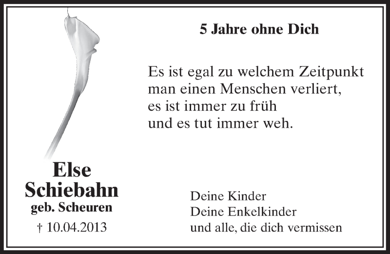  Traueranzeige für Else Schiebahn vom 11.04.2018 aus  Schlossbote/Werbekurier 