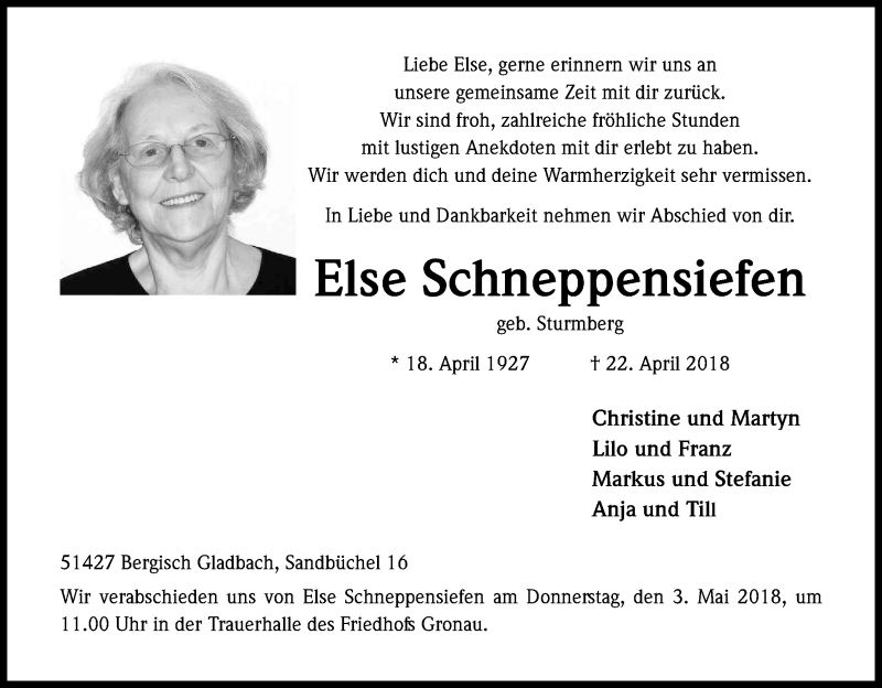  Traueranzeige für Else Schneppensiefen vom 28.04.2018 aus Kölner Stadt-Anzeiger / Kölnische Rundschau / Express