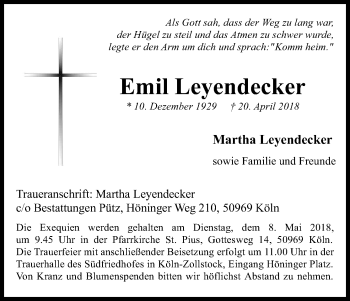 Anzeige von Emil Leyendecker von Kölner Stadt-Anzeiger / Kölnische Rundschau / Express
