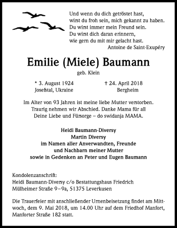 Anzeige von Emilie  Baumann von Kölner Stadt-Anzeiger / Kölnische Rundschau / Express