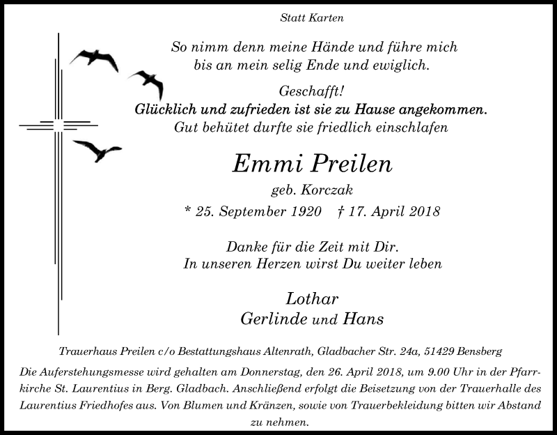  Traueranzeige für Emmi Preilen vom 21.04.2018 aus Kölner Stadt-Anzeiger / Kölnische Rundschau / Express
