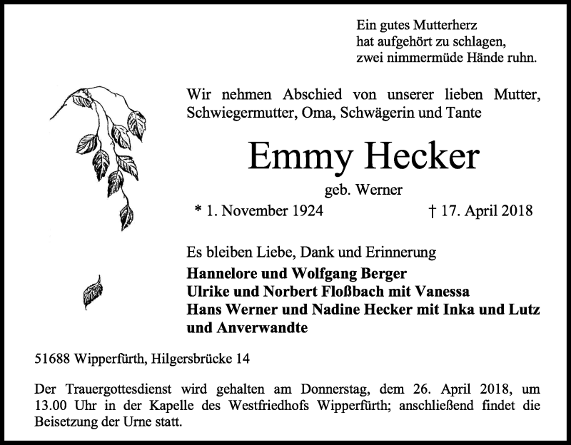  Traueranzeige für Emmy Hecker vom 20.04.2018 aus Kölner Stadt-Anzeiger / Kölnische Rundschau / Express