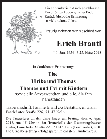 Anzeige von Erich Brantl von  Kölner Wochenspiegel 