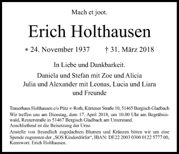 Anzeige von Erich Holthausen von Kölner Stadt-Anzeiger / Kölnische Rundschau / Express
