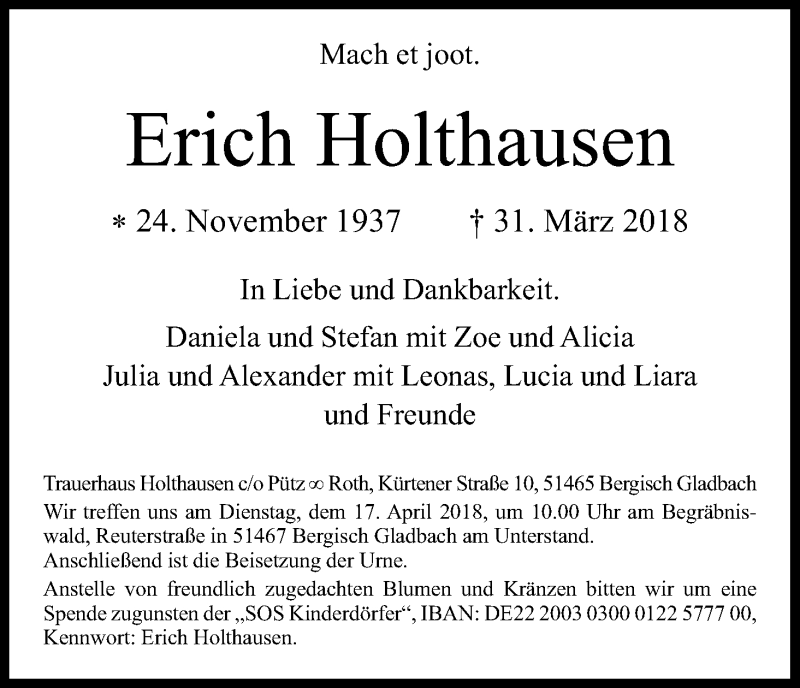  Traueranzeige für Erich Holthausen vom 14.04.2018 aus Kölner Stadt-Anzeiger / Kölnische Rundschau / Express