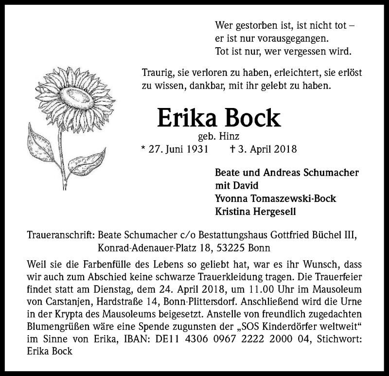  Traueranzeige für Erika Bock vom 14.04.2018 aus Kölner Stadt-Anzeiger / Kölnische Rundschau / Express