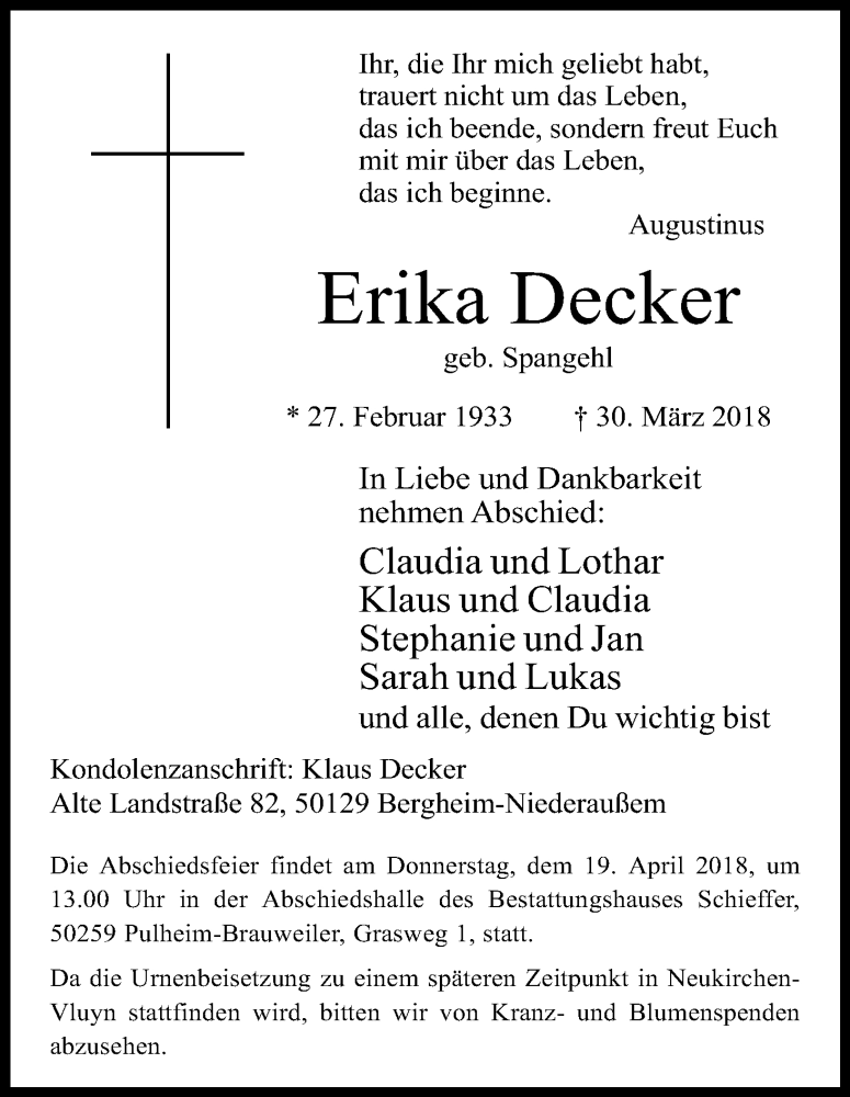  Traueranzeige für Erika Decker vom 11.04.2018 aus Kölner Stadt-Anzeiger / Kölnische Rundschau / Express