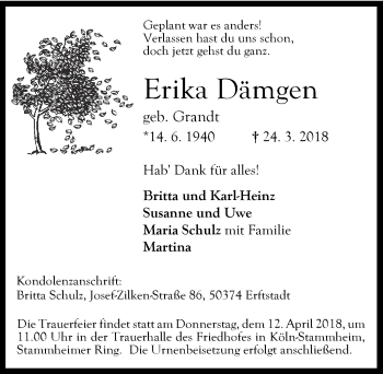 Anzeige von Erika Dämgen von  Kölner Wochenspiegel 