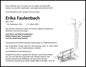 Anzeige von Erika Faulenbach von Kölner Stadt-Anzeiger / Kölnische Rundschau / Express