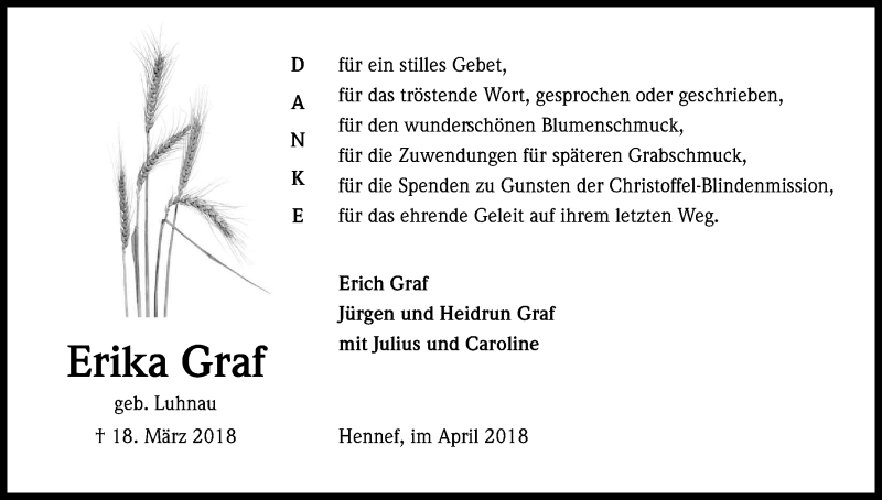  Traueranzeige für Erika Graf vom 14.04.2018 aus Kölner Stadt-Anzeiger / Kölnische Rundschau / Express